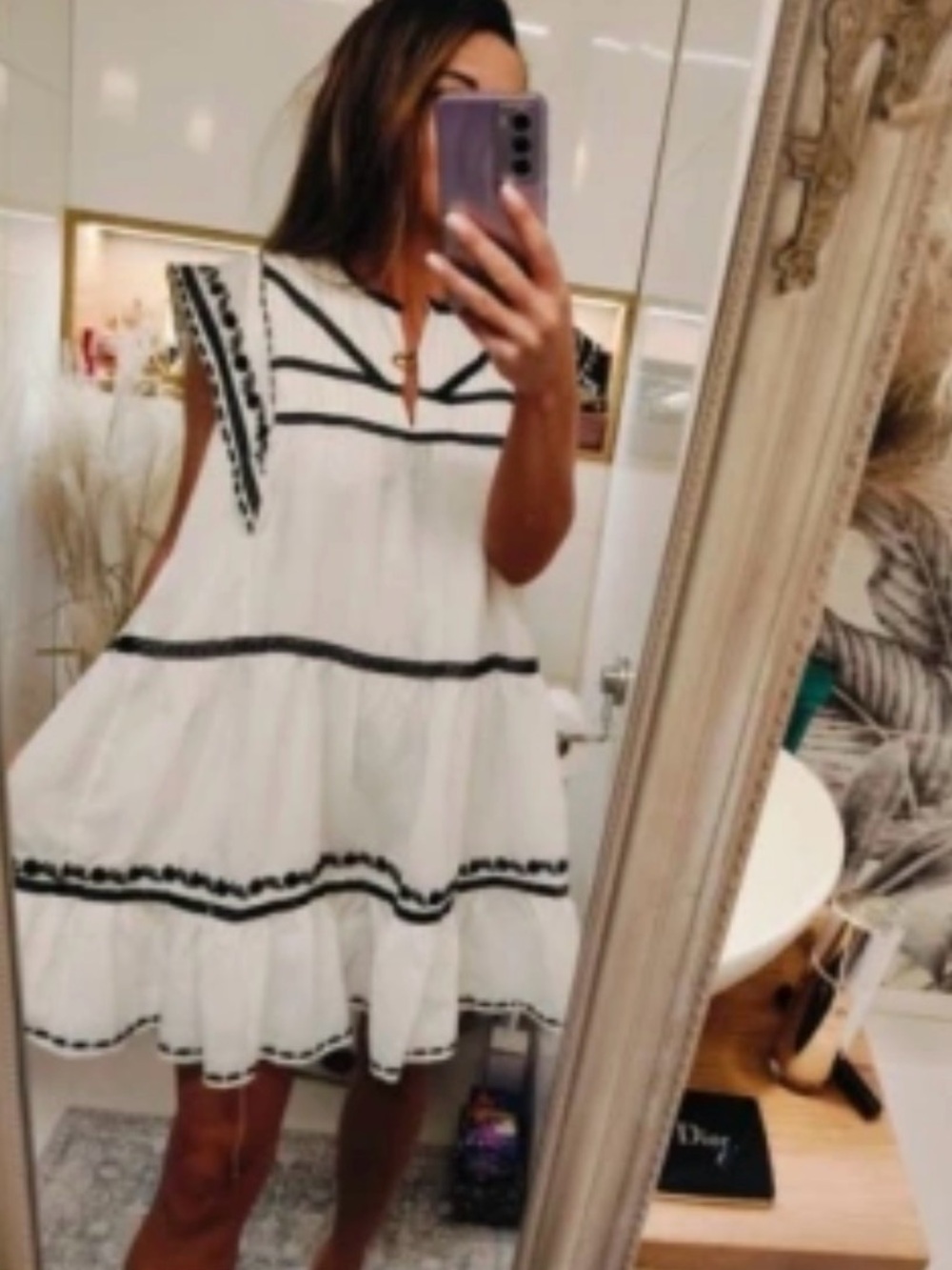 🔥🔥Zara White Tiered Cotton Dress with Black Trim